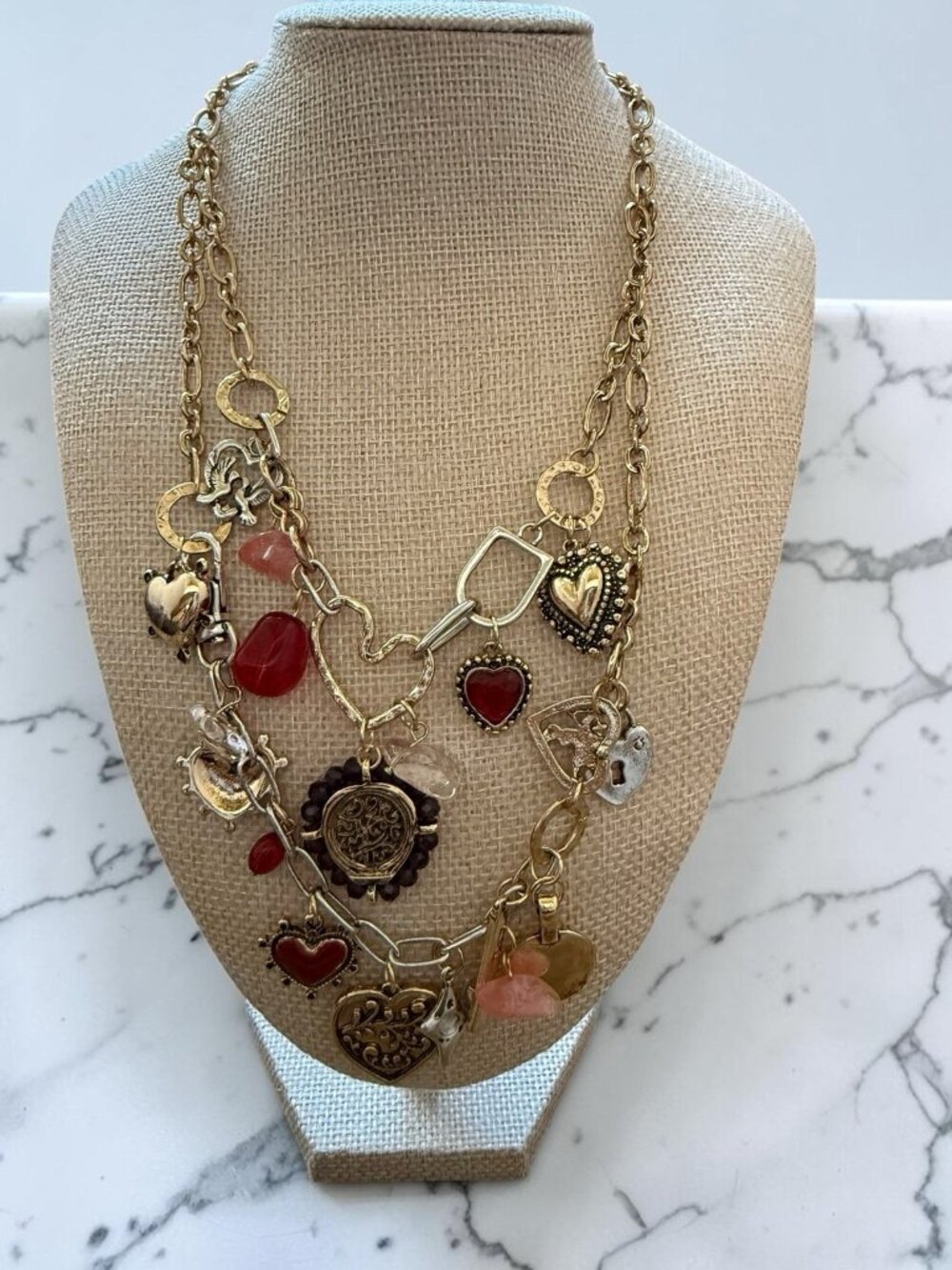 Free People Maxamillion Charm Necklace Gold Mixed Metal Hearts Lock Boho NWT